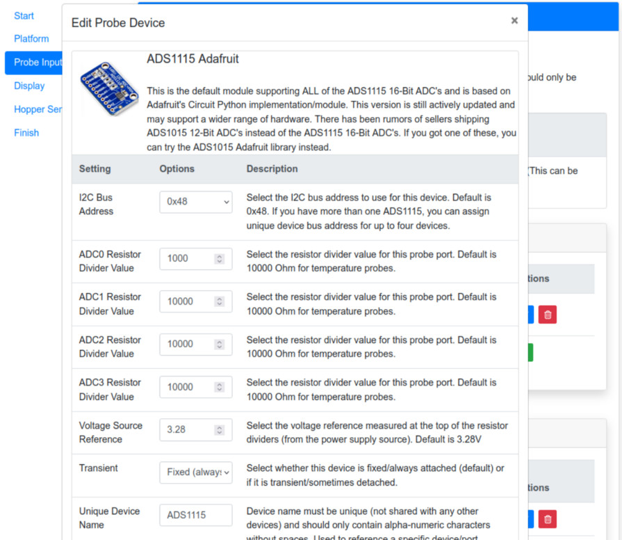 Wizard Probe Device Settings